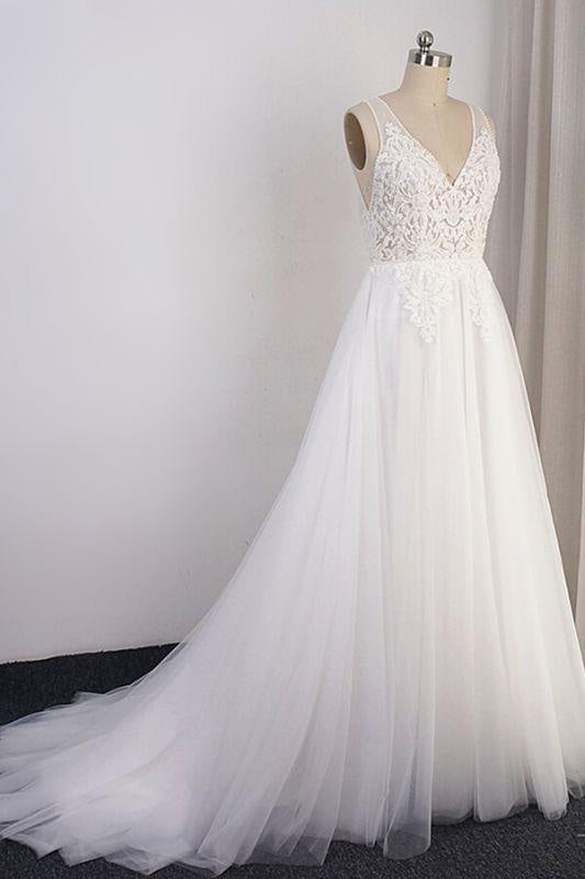 Bridelily Open Back Appliques Tulle A-line Wedding Dress