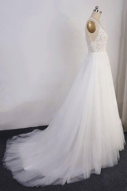 Bridelily Open Back Appliques Tulle A-line Wedding Dress