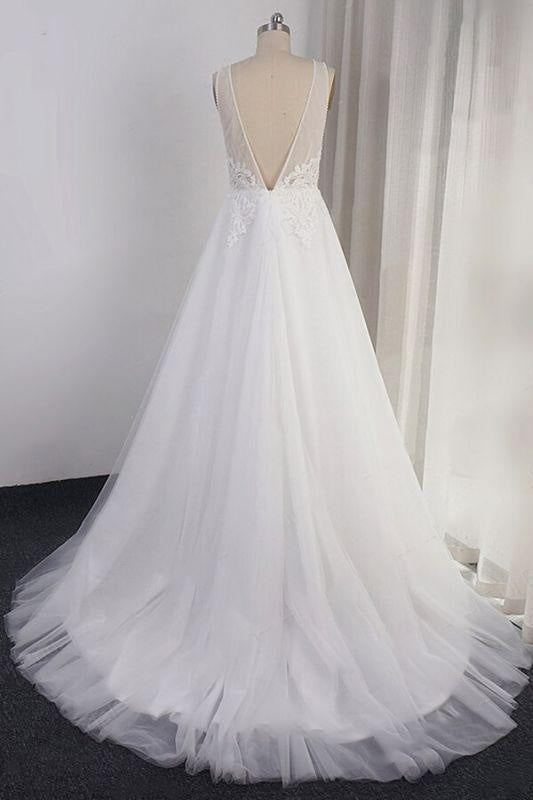 Bridelily Open Back Appliques Tulle A-line Wedding Dress