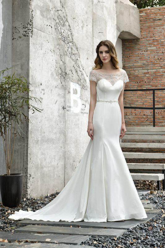 Bridelily Short Sleeve Mermaid Satin Lace Wedding Dress