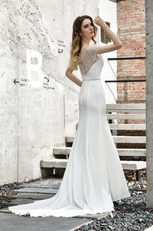 Bridelily Short Sleeve Mermaid Satin Lace Wedding Dress