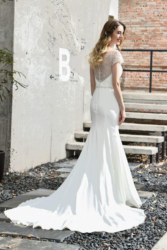 Bridelily Short Sleeve Mermaid Satin Lace Wedding Dress