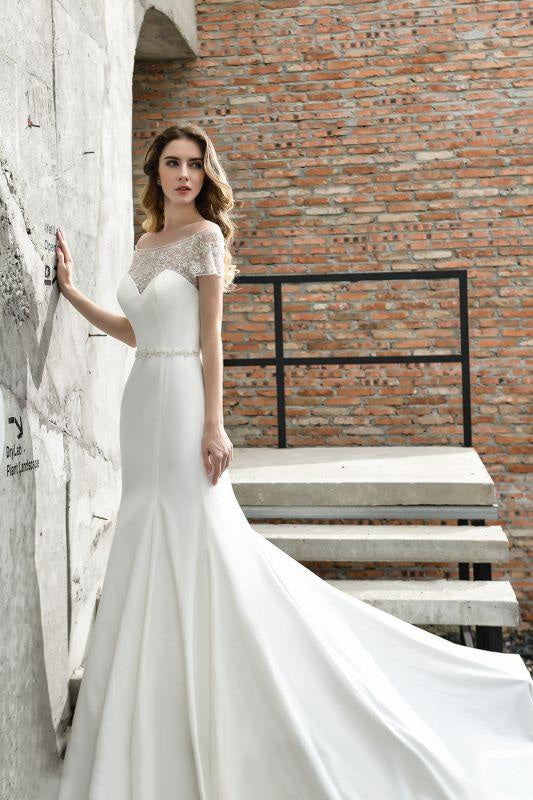 Bridelily Short Sleeve Mermaid Satin Lace Wedding Dress