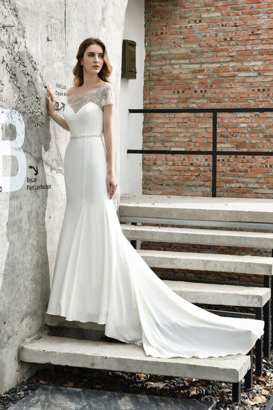 Bridelily Short Sleeve Mermaid Satin Lace Wedding Dress