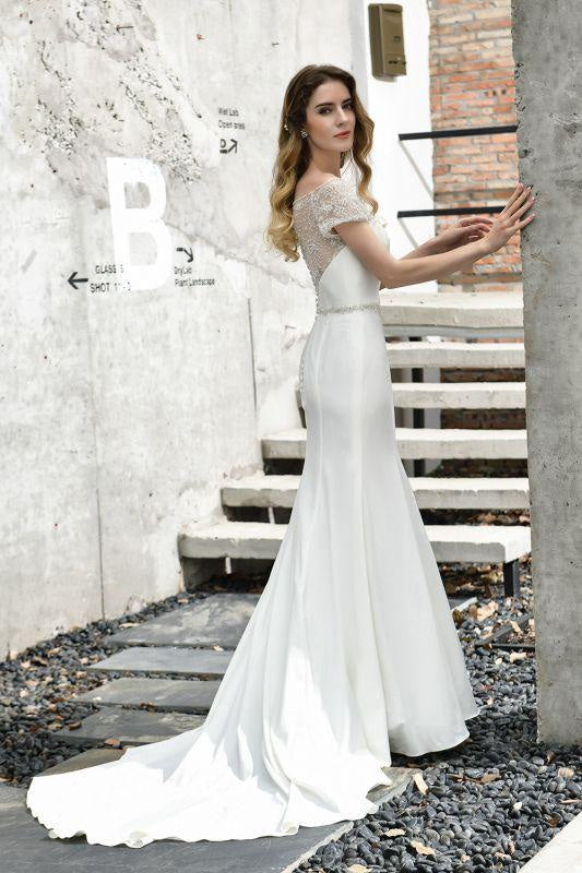 Bridelily Short Sleeve Mermaid Satin Lace Wedding Dress