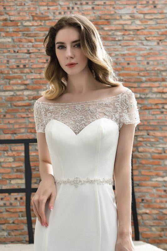 Bridelily Short Sleeve Mermaid Satin Lace Wedding Dress