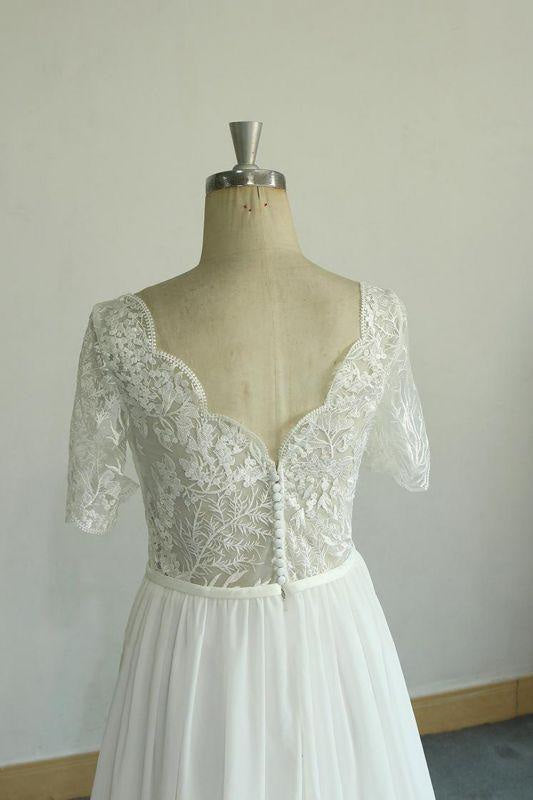 Bridelily Short Sleeve V-neck Lace Chiffon Wedding Dress