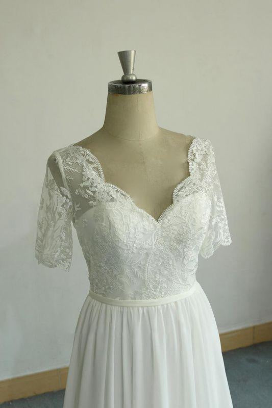 Bridelily Short Sleeve V-neck Lace Chiffon Wedding Dress