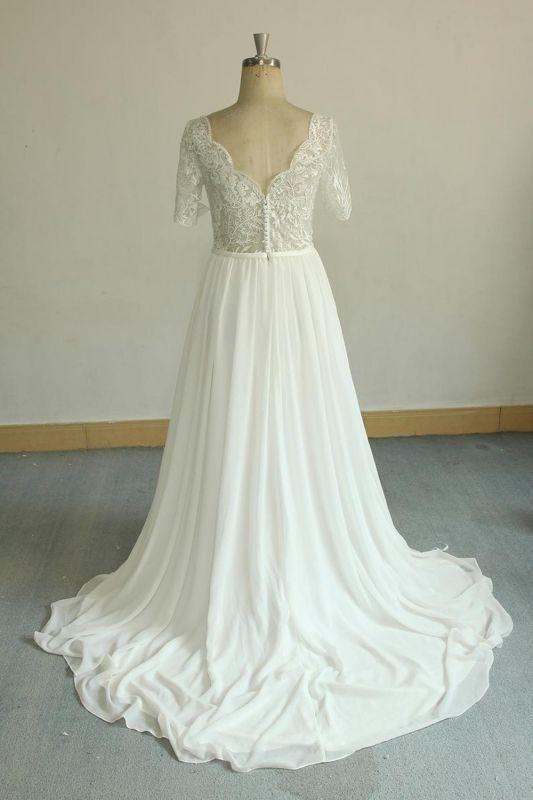Bridelily Short Sleeve V-neck Lace Chiffon Wedding Dress
