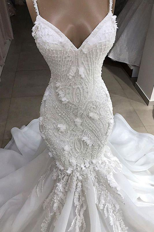 Bridelily Spaghetti Strap Appliques Mermaid Wedding Dress