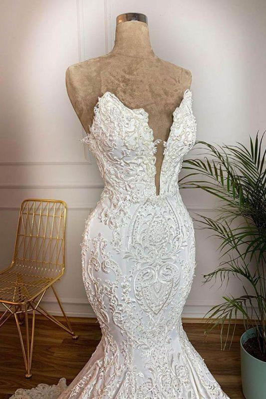 Bridelily Strapless Appliques Satin Mermaid Wedding Dress