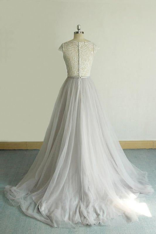 Bridelily V-neck Cap Sleeve Lace Tulle Wedding Dress