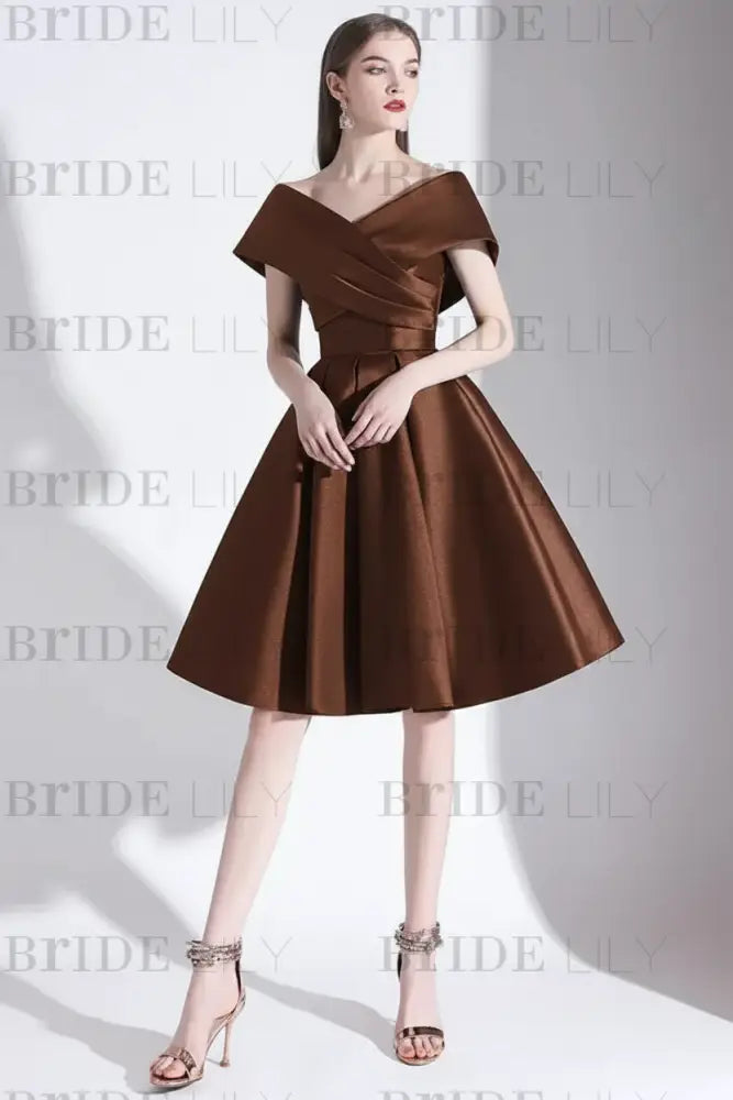Off-the-Shoulder Knee-Length Evening Dress A-Line V-Neck Pleated Satin Cocktail Dress Little Black Dress