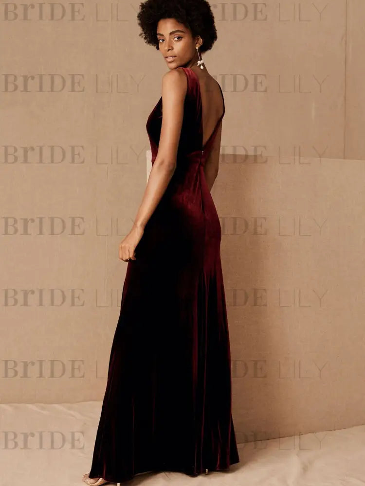 Brown Velour Evening Dress A-Line V-Neck Floor-Length Formal Dinner Dresses Sleeveless