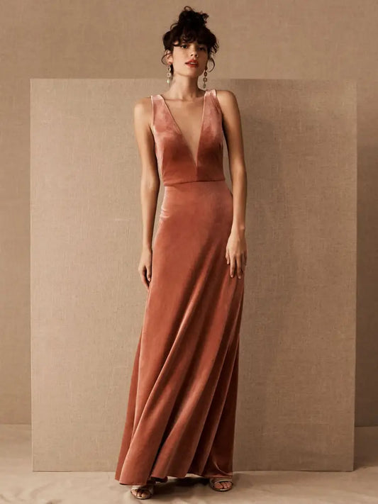 Brown Velour Evening Dress A-Line V-Neck Floor-Length Formal Dinner Dresses Sleeveless