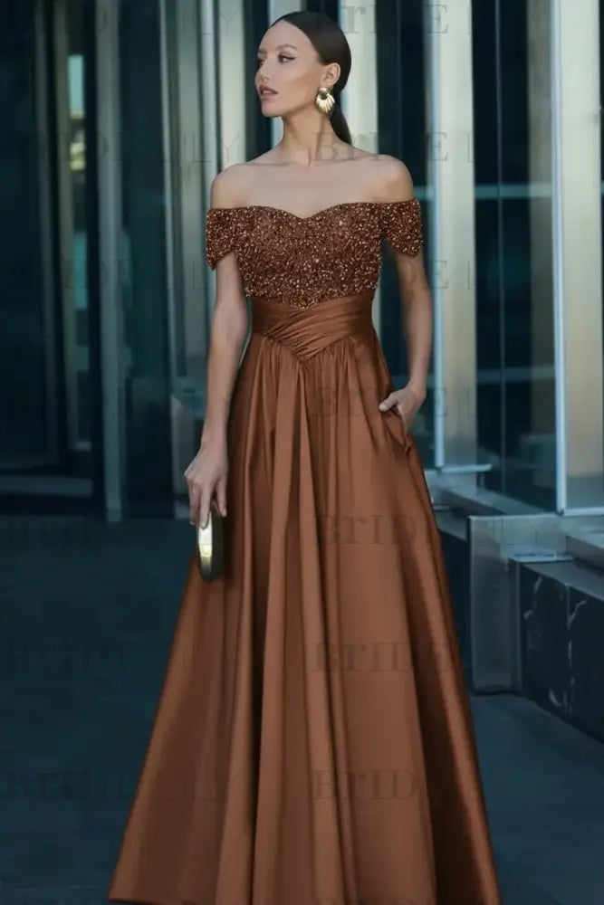 Off-the-Shoulder Dark Green Satin Aline Formal Dress with Beadings