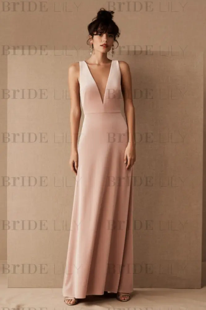 Brown Velour Evening Dress A-Line V-Neck Floor-Length Formal Dinner Dresses Sleeveless