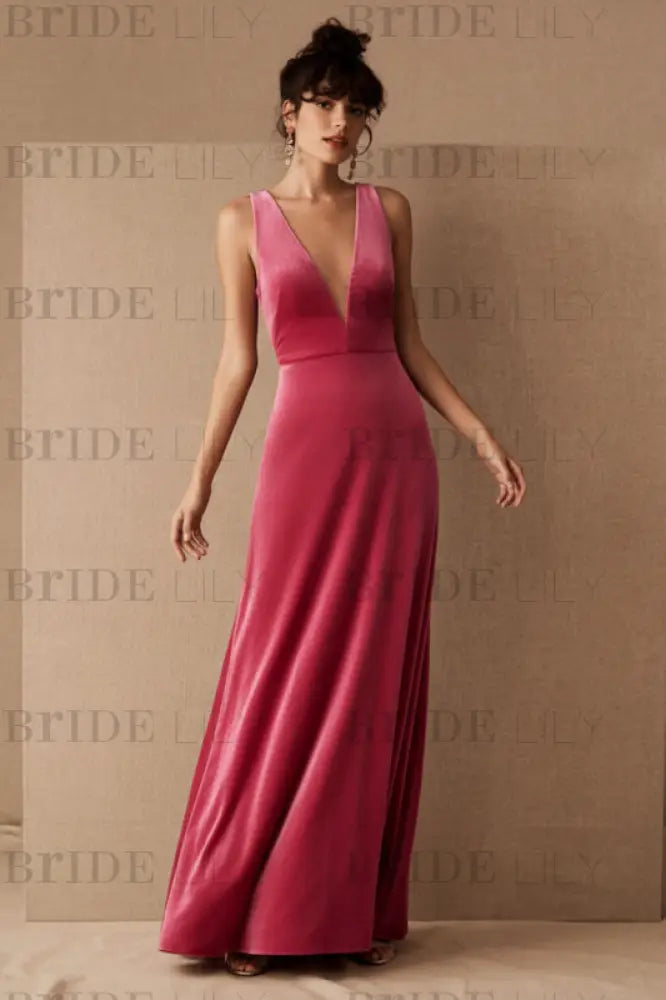 Brown Velour Evening Dress A-Line V-Neck Floor-Length Formal Dinner Dresses Sleeveless