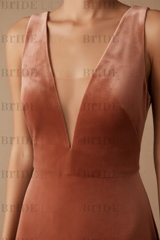 Brown Velour Evening Dress A-Line V-Neck Floor-Length Formal Dinner Dresses Sleeveless