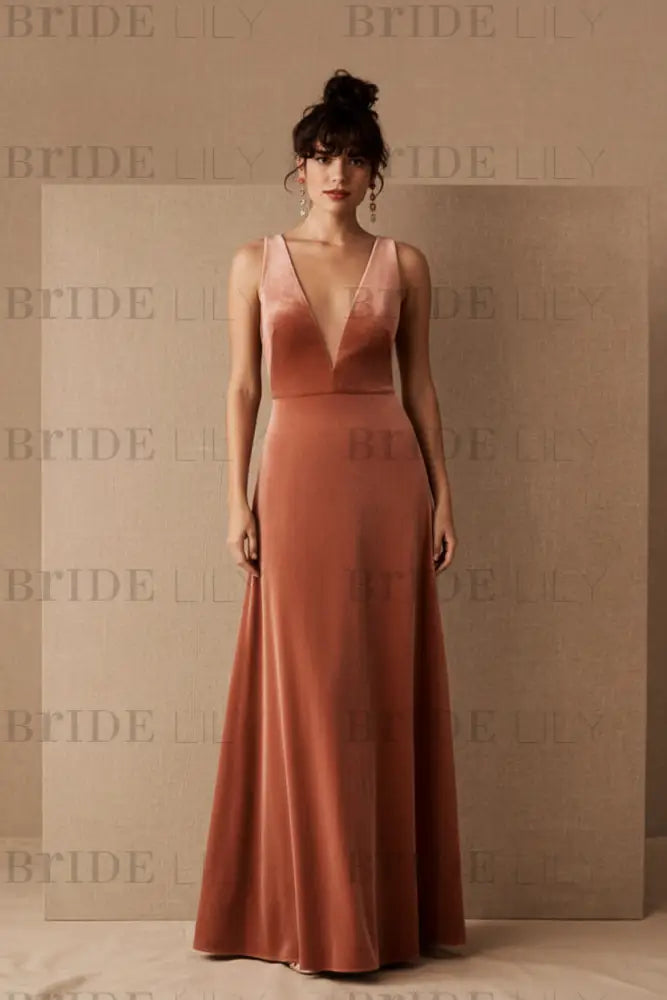 Brown Velour Evening Dress A-Line V-Neck Floor-Length Formal Dinner Dresses Sleeveless