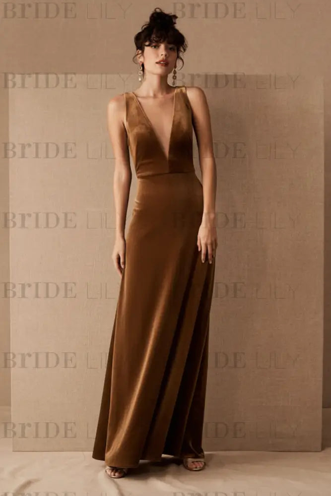 Brown Velour Evening Dress A-Line V-Neck Floor-Length Formal Dinner Dresses Sleeveless