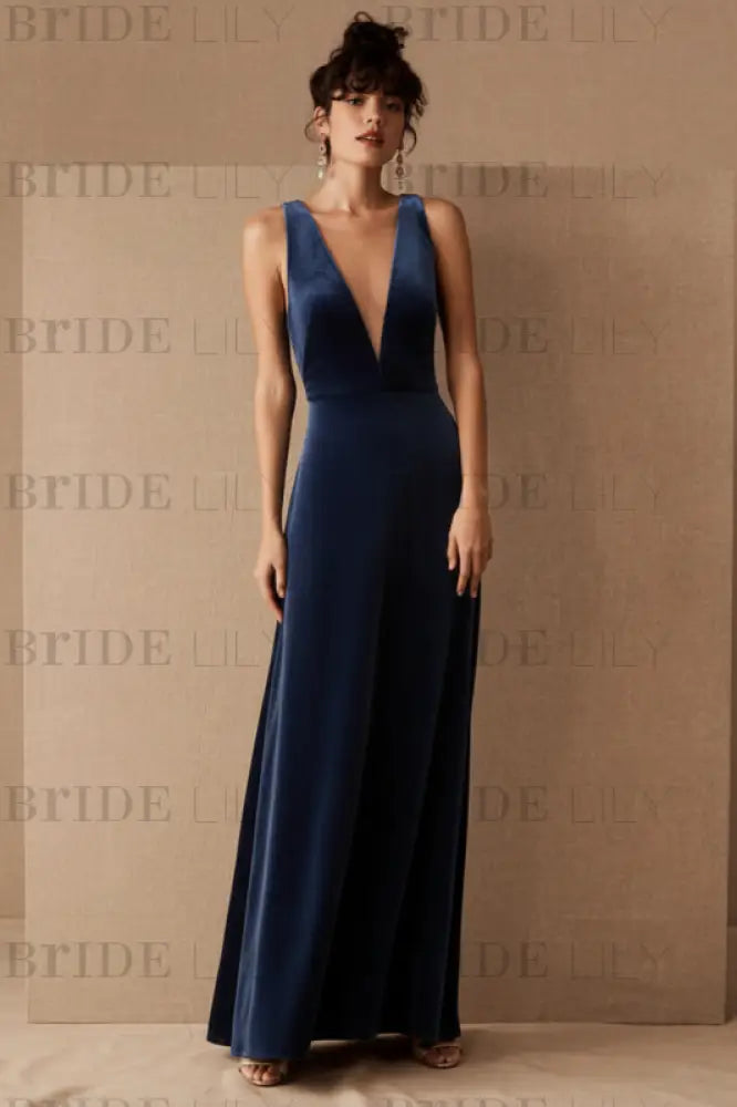 Brown Velour Evening Dress A-Line V-Neck Floor-Length Formal Dinner Dresses Sleeveless