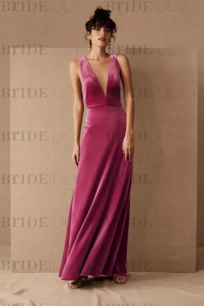 Brown Velour Evening Dress A-Line V-Neck Floor-Length Formal Dinner Dresses Sleeveless