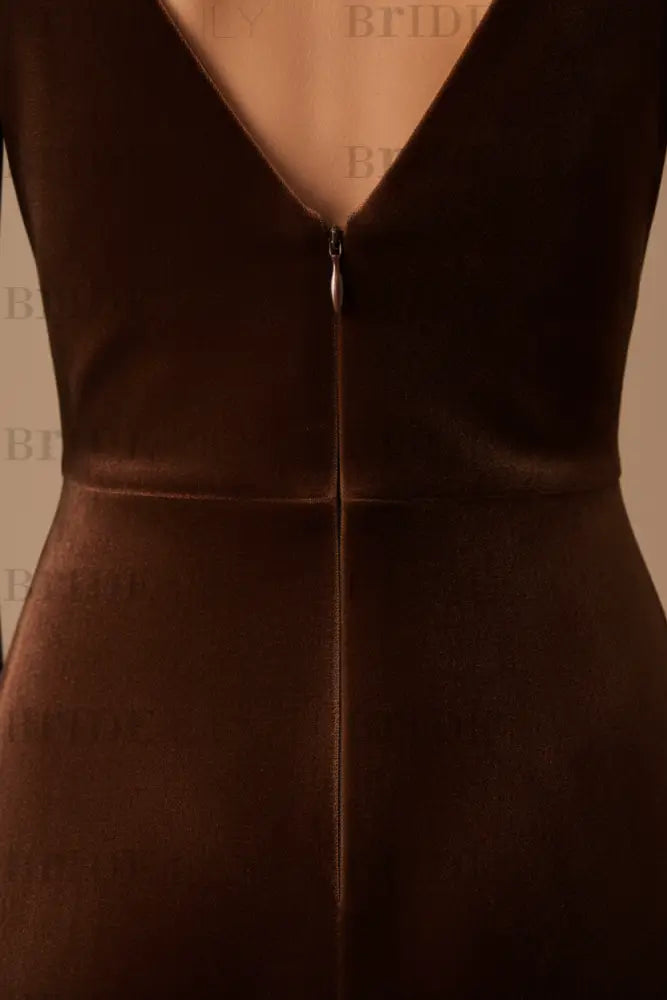 Brown Velour Evening Dress A-Line V-Neck Floor-Length Formal Dinner Dresses Sleeveless