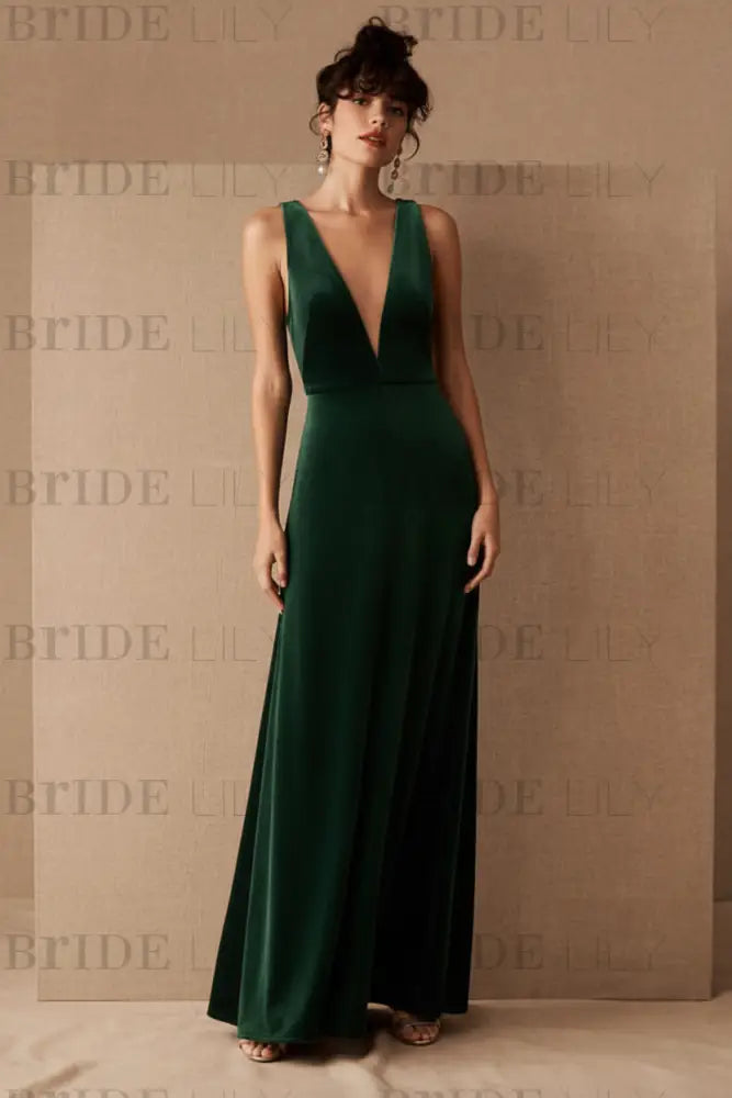 Brown Velour Evening Dress A-Line V-Neck Floor-Length Formal Dinner Dresses Sleeveless