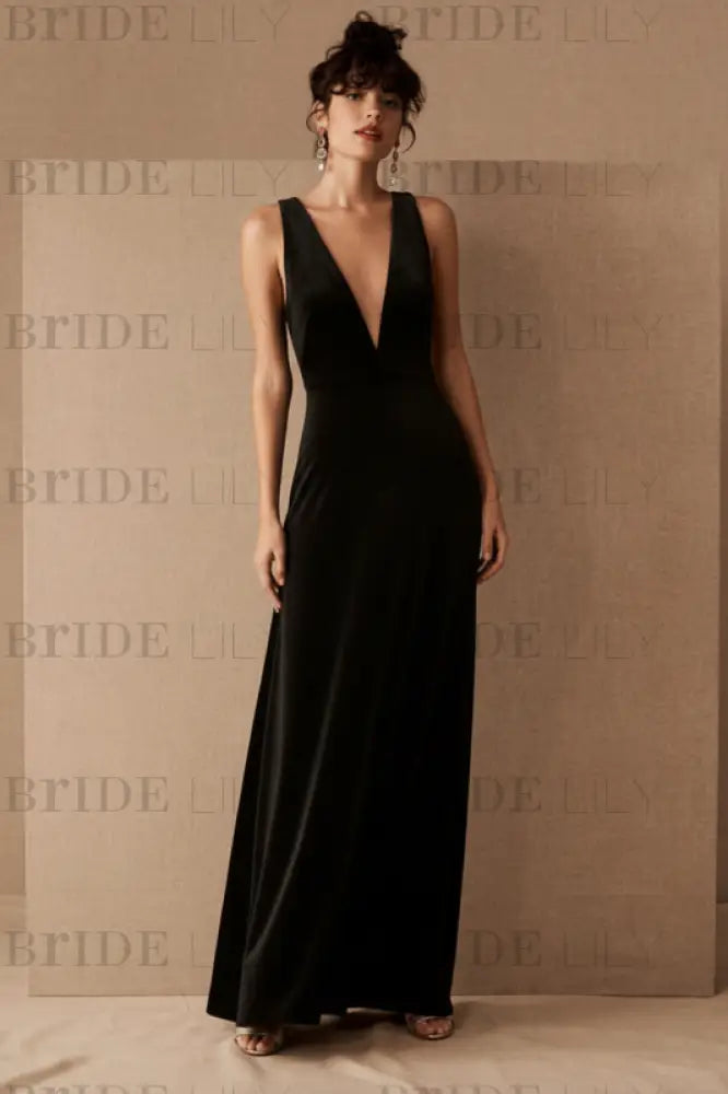 Brown Velour Evening Dress A-Line V-Neck Floor-Length Formal Dinner Dresses Sleeveless