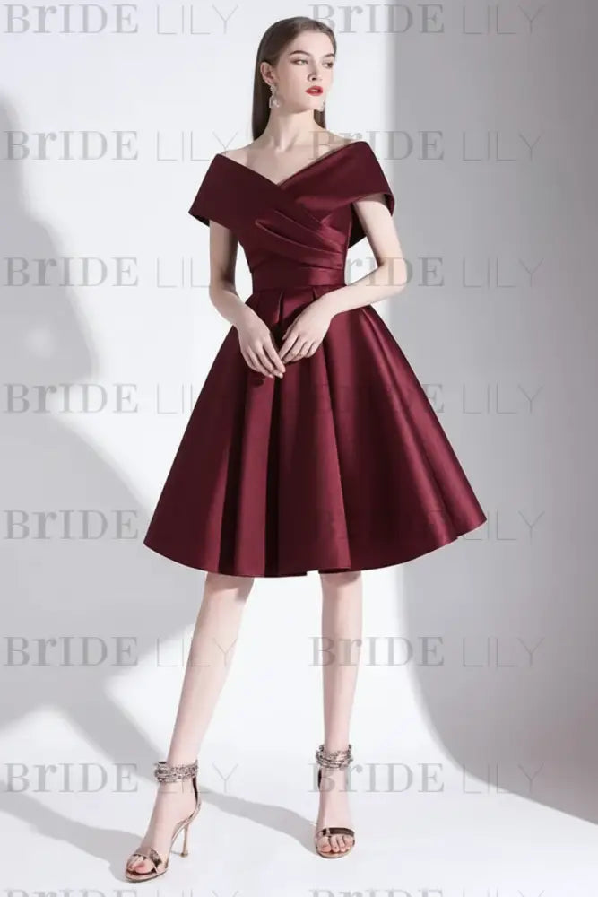Off-the-Shoulder Knee-Length Evening Dress A-Line V-Neck Pleated Satin Cocktail Dress Little Black Dress