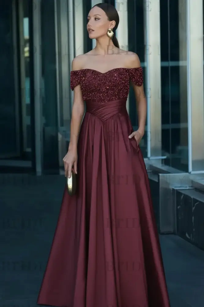 Off-the-Shoulder Dark Green Satin Aline Formal Dress with Beadings