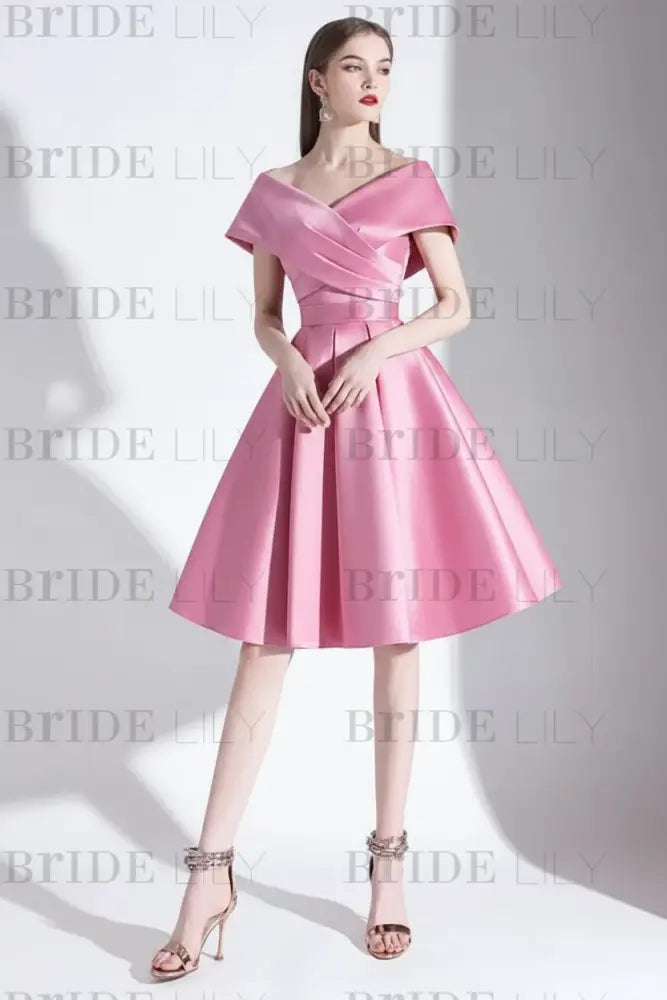 Off-the-Shoulder Knee-Length Evening Dress A-Line V-Neck Pleated Satin Cocktail Dress Little Black Dress