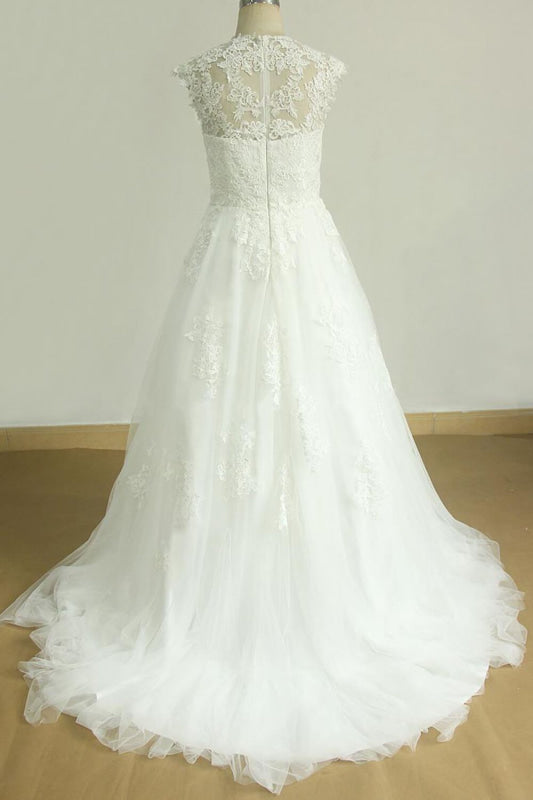 Cap Sleeve Appliques Tulle A-line Wedding Dress