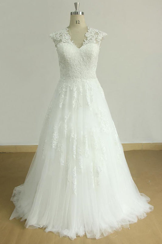 Cap Sleeve Appliques Tulle A-line Wedding Dress