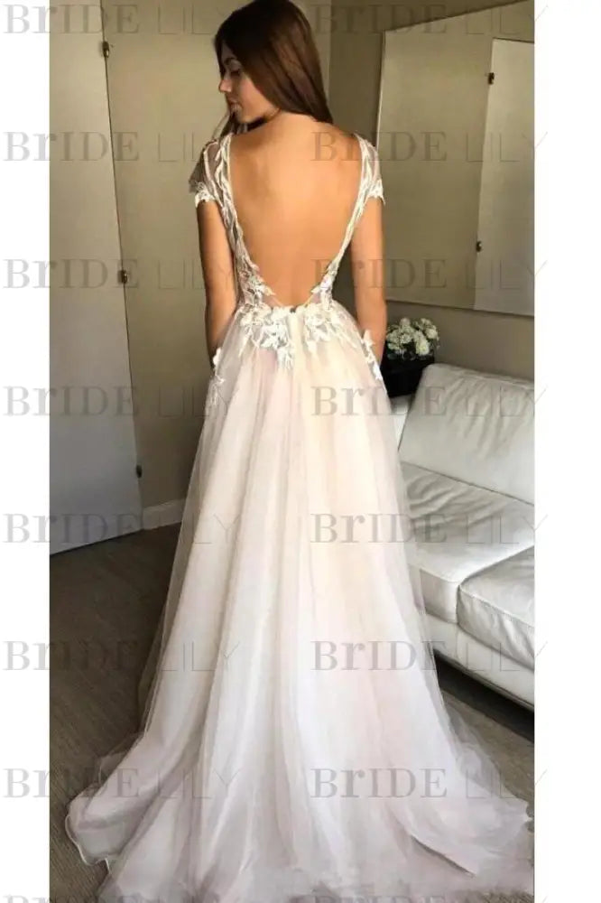 Cap Sleeve Deep V-neck Split Tulle Wedding Dress with Appliquess