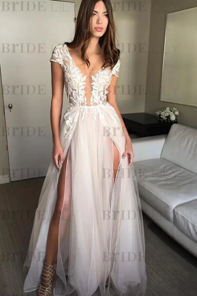 Cap Sleeve Deep V-neck Split Tulle Wedding Dress with Appliquess