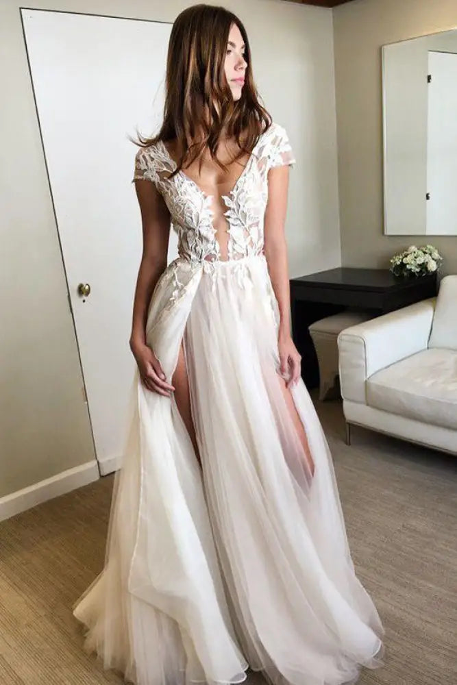 Cap Sleeve Deep V-neck Split Tulle Wedding Dress with Appliquess