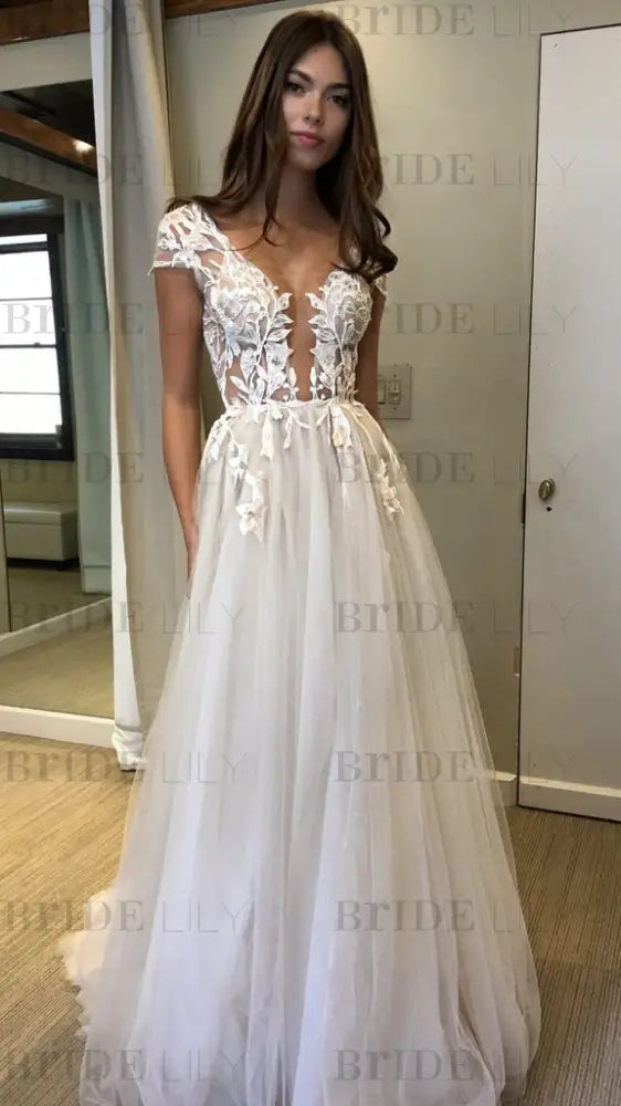 Cap Sleeve Deep V-neck Split Tulle Wedding Dress with Appliquess