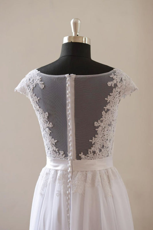 Cap Sleeve Lace Chiffon A-line Wedding Dress