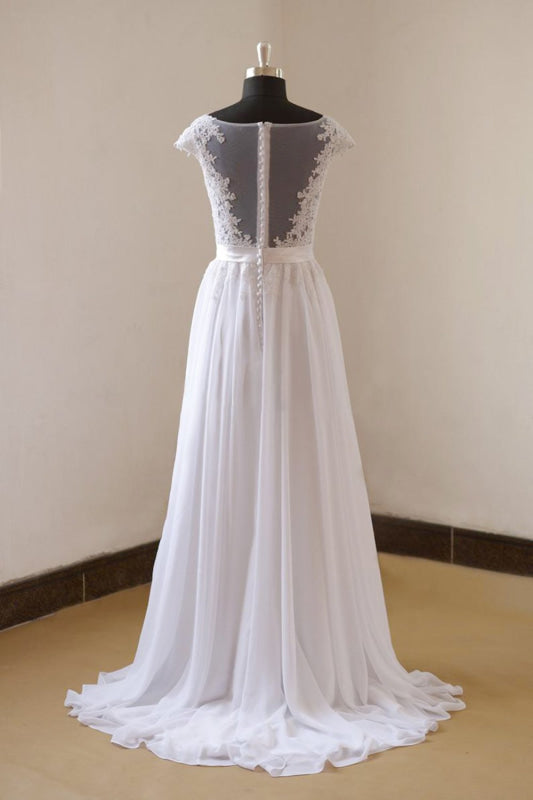 Cap Sleeve Lace Chiffon A-line Wedding Dress