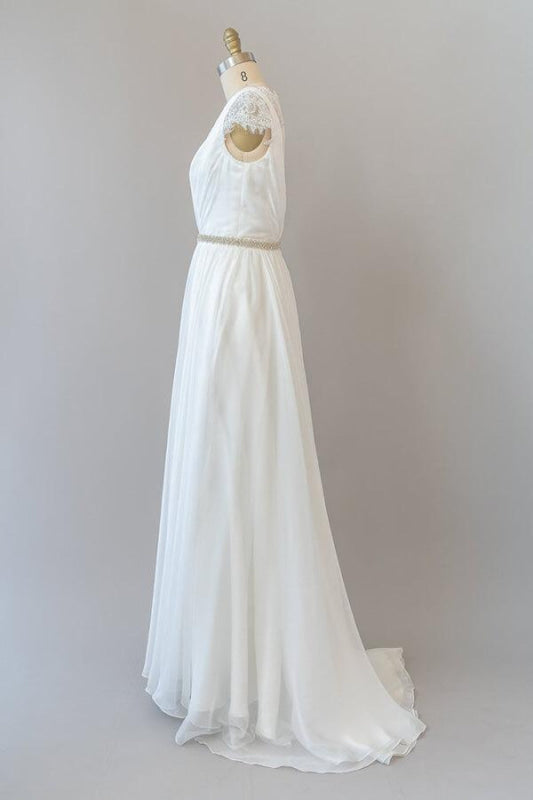 Cap Sleeve V-neck Lace Chiffon Sheath Wedding Dress