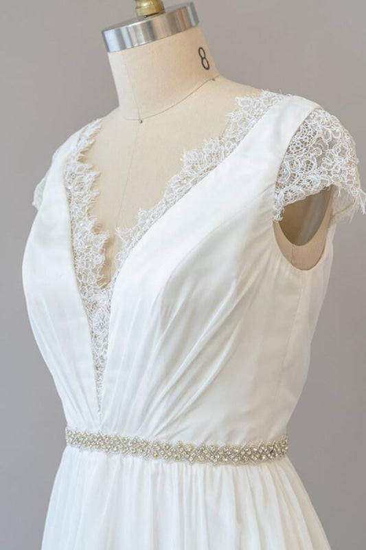 Cap Sleeve V-neck Lace Chiffon Sheath Wedding Dress