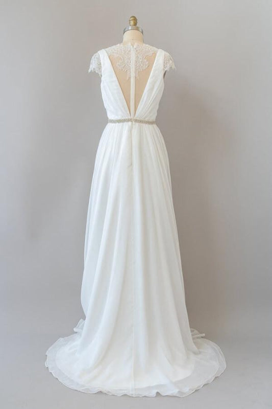 Cap Sleeve V-neck Lace Chiffon Sheath Wedding Dress