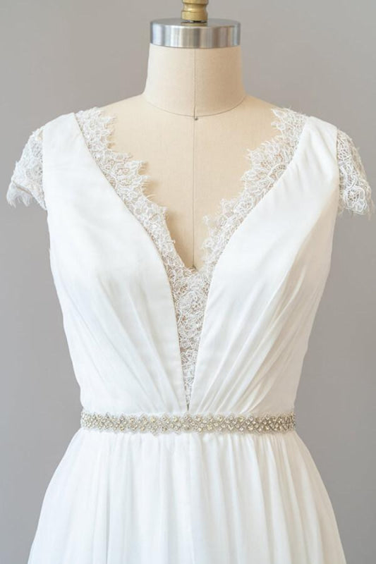 Cap Sleeve V-neck Lace Chiffon Sheath Wedding Dress
