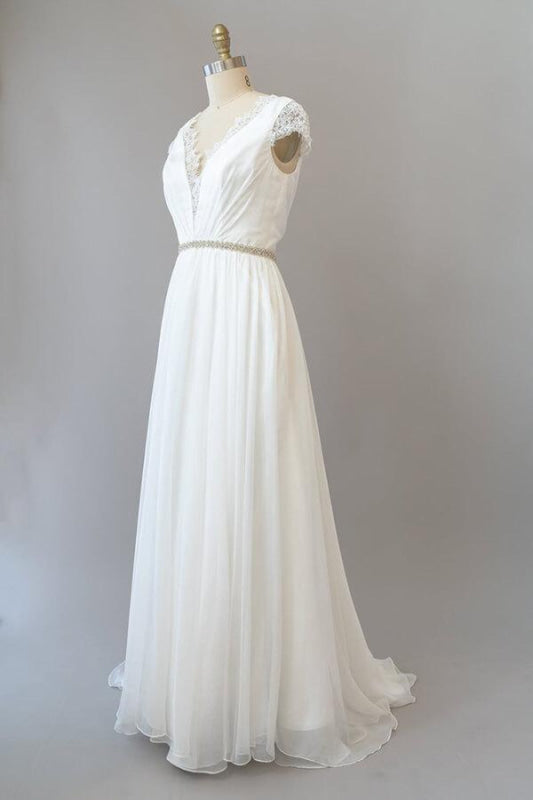 Cap Sleeve V-neck Lace Chiffon Sheath Wedding Dress