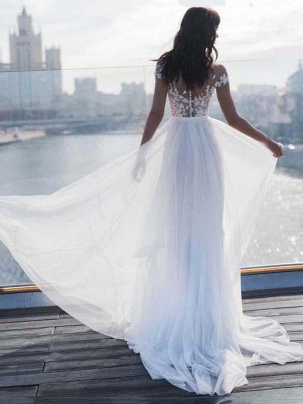 Cap Sleeves Covered Button High Split Wedding Dresses
