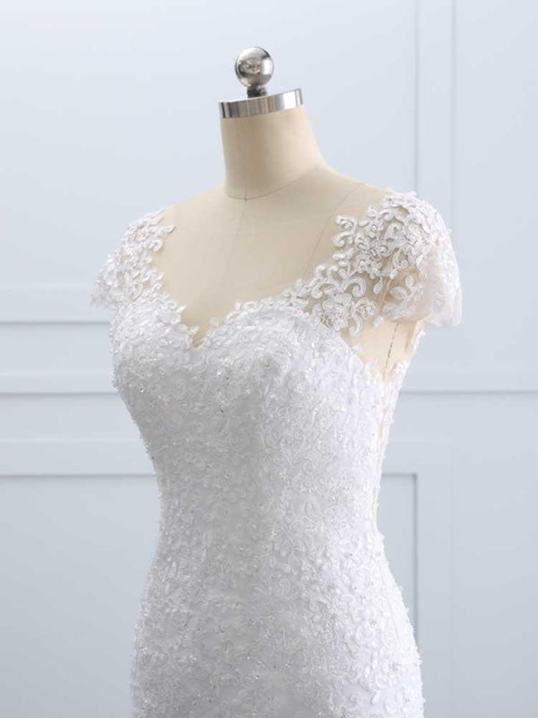 Cap Sleeves Lace Mermaid Tulle Wedding Dresses
