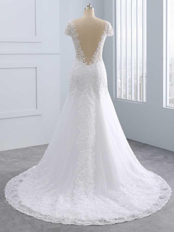 Cap Sleeves Lace Mermaid Tulle Wedding Dresses