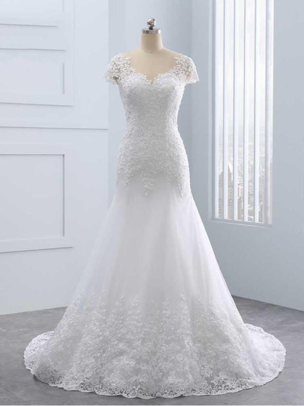 Cap Sleeves Lace Mermaid Tulle Wedding Dresses